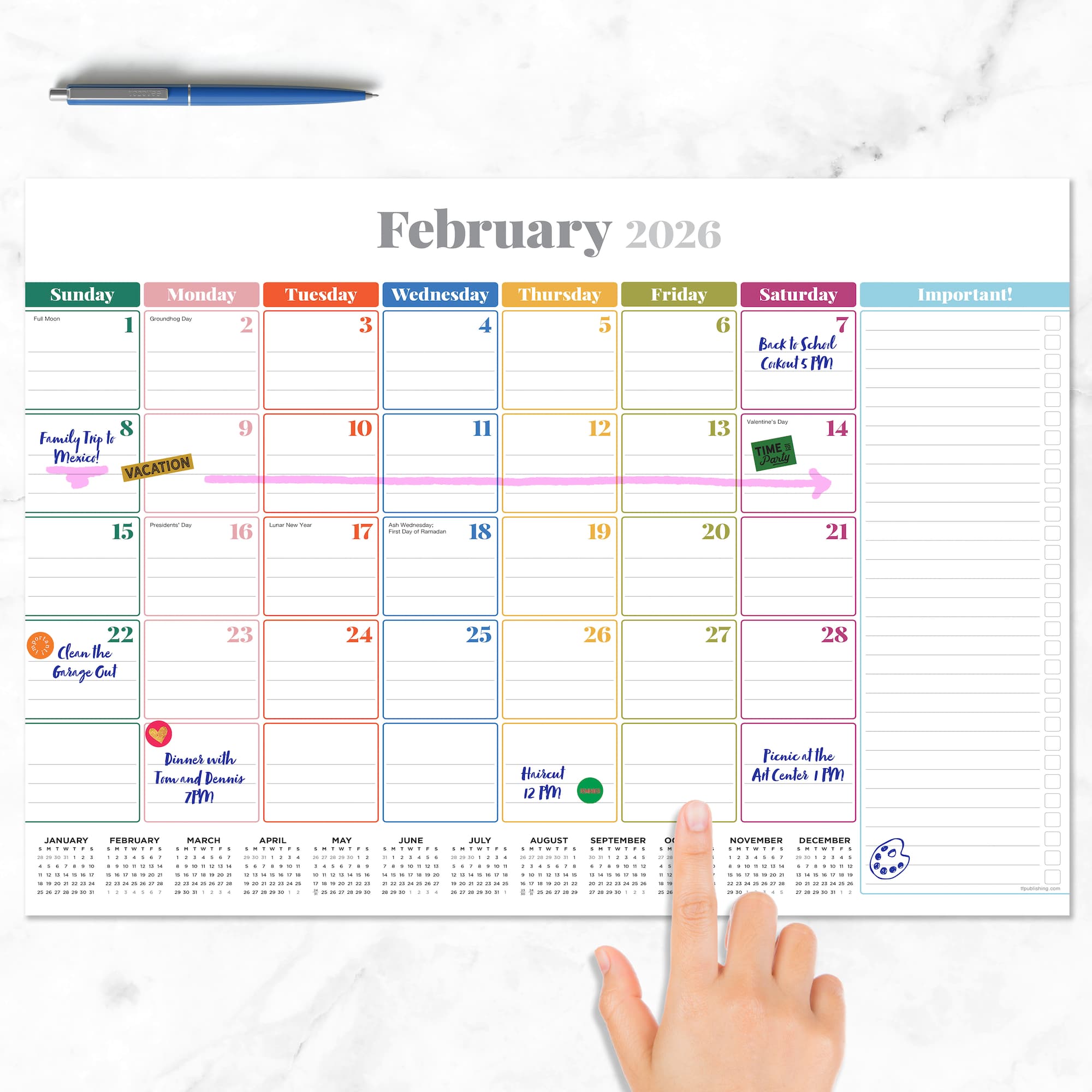 2026 Rainbow Blocks Medium Desk Pad Monthly Blotter Calendar